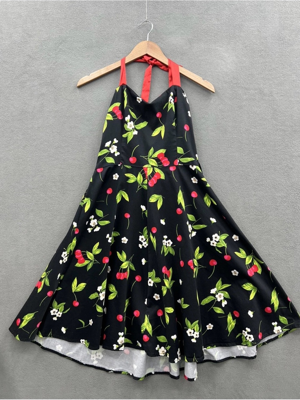 H&R Women’s 16 Halter Dress Black Cherries Retro 50's Style Rockabilly